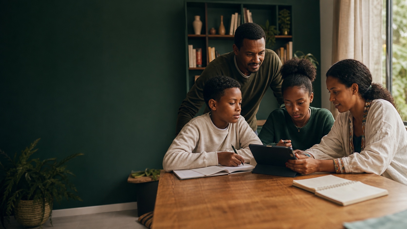 Ethiopian teacher and parent supporting two learners during an after-school lesson