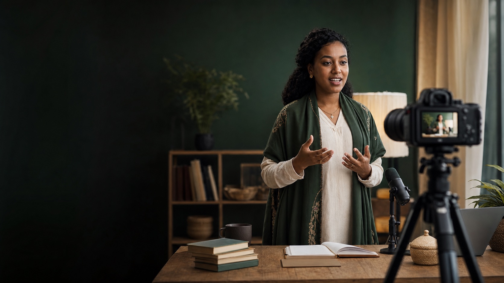 Ethiopian educator recording her own online course in a professional teaching studio